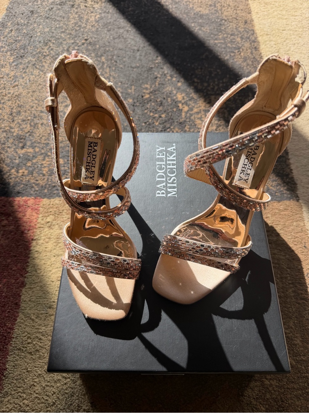 Badgley Mischka Rose Gold Crystal Strappy Heels
